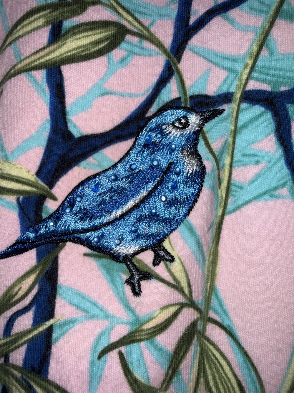 Quacker Factory XL soft pink 100% cotton top embroidered rhinestone birds NWOT - Picture 4 of 12